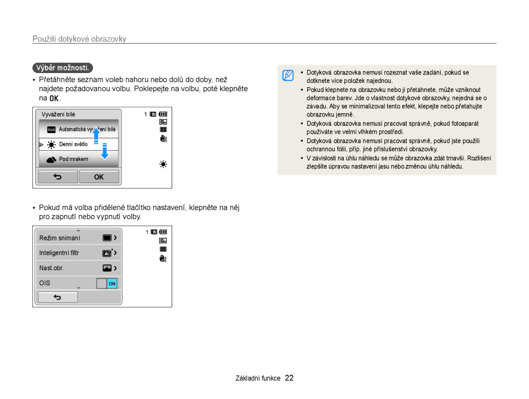 Samsung EC-WB210ZBPSE3, EC-WB210ZBPBE1, EC-WB210ZBPBE3 manual Použití dotykové obrazovky, Výběr možnosti 