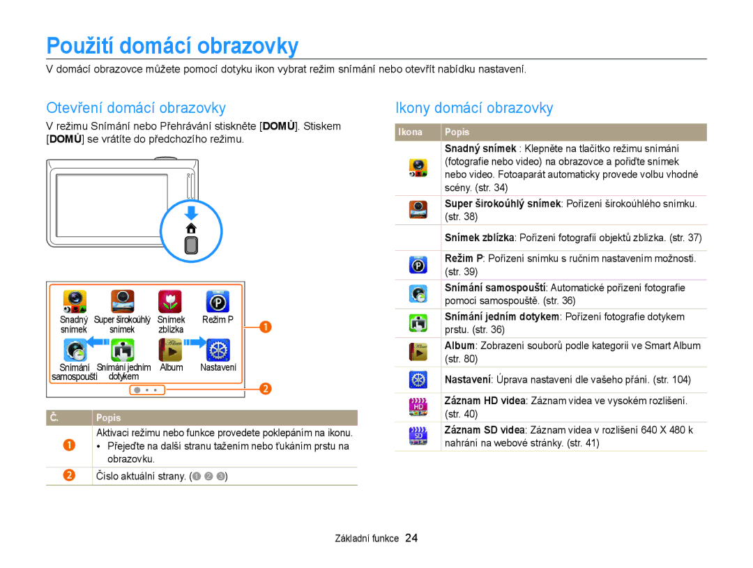 Samsung EC-WB210ZBPBE3, EC-WB210ZBPBE1 manual Použití domácí obrazovky, Otevření domácí obrazovky, Ikony domácí obrazovky 