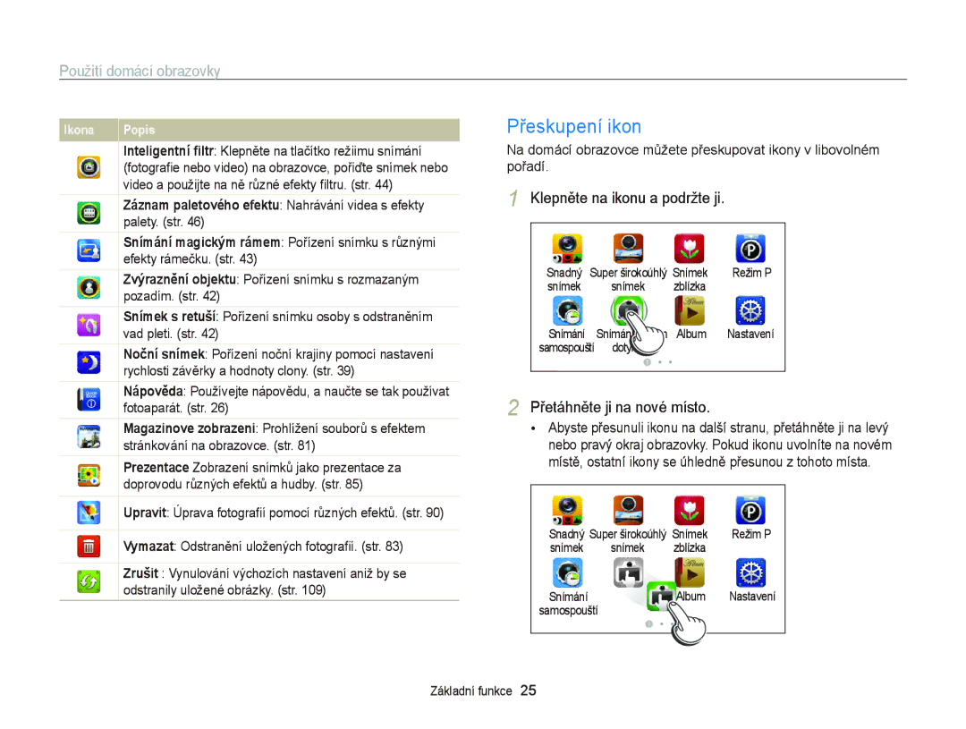 Samsung EC-WB210ZBPSE3, EC-WB210ZBPBE1 manual Přeskupení ikon, Použití domácí obrazovky, Klepněte na ikonu a podržte ji 