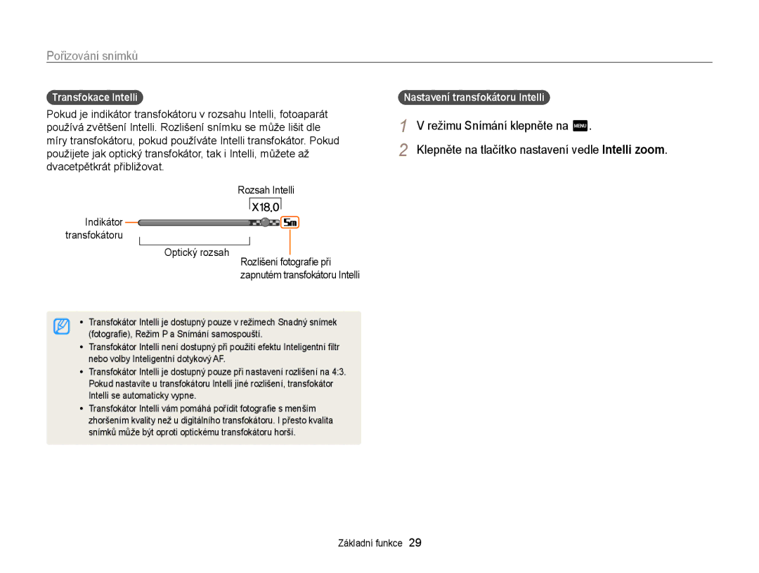 Samsung EC-WB210ZBPBE1 manual Režimu Snímání klepněte na m, Transfokace Intelli, Optický rozsah Rozlišení fotograﬁe při 