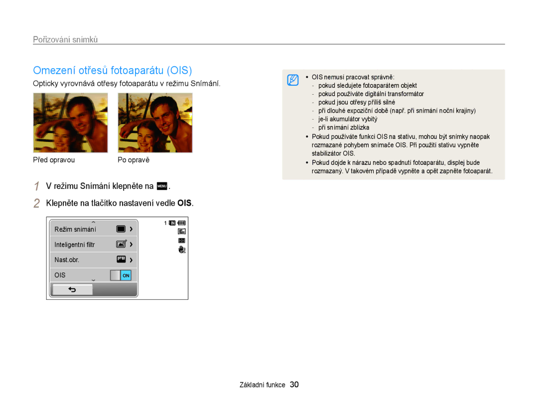 Samsung EC-WB210ZBPBE3, EC-WB210ZBPBE1, EC-WB210ZBPSE3 manual Omezení otřesů fotoaparátu OIS 