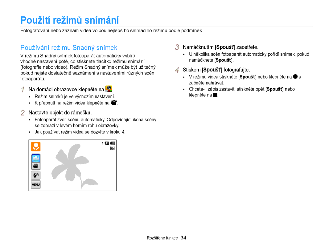 Samsung EC-WB210ZBPSE3, EC-WB210ZBPBE1 Použití režimů snímání, Používání režimu Snadný snímek, Stiskem Spoušť fotografujte 