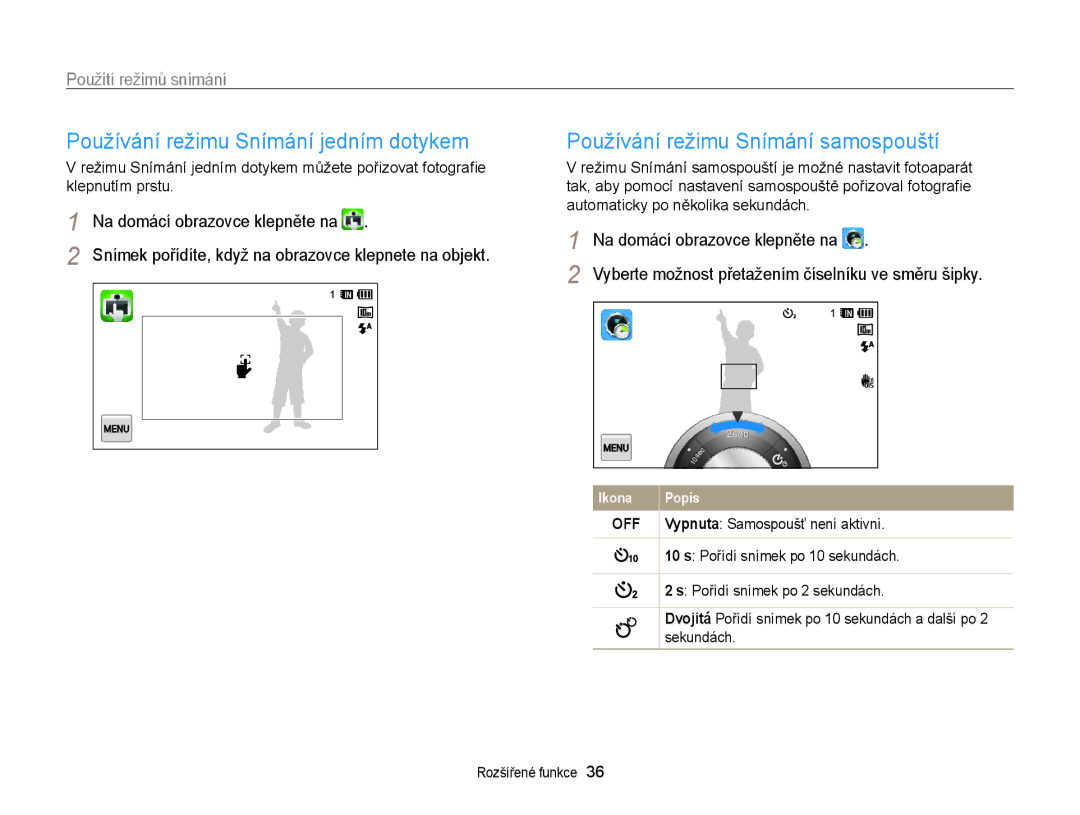 Samsung EC-WB210ZBPBE3, EC-WB210ZBPBE1 manual Používání režimu Snímání jedním dotykem, Používání režimu Snímání samospouští 