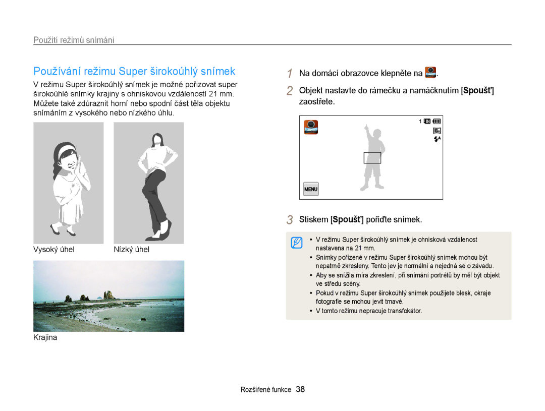 Samsung EC-WB210ZBPBE1 Používání režimu Super širokoúhlý snímek, Stiskem Spoušť pořiďte snímek, Vysoký úhel Nízký úhel 