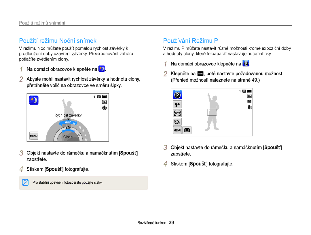 Samsung EC-WB210ZBPBE3 manual Použití režimu Noční snímek, Používání Režimu P, Přetáhněte volič na obrazovce ve směru šipky 