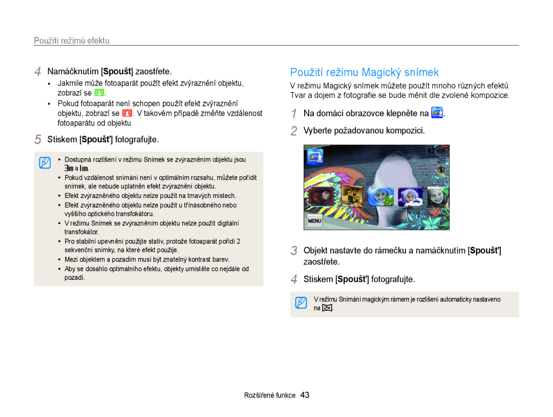 Samsung EC-WB210ZBPSE3, EC-WB210ZBPBE1, EC-WB210ZBPBE3 manual Použití režimů efektu, Namáčknutím Spoušt zaostřete, Zobrazí se 