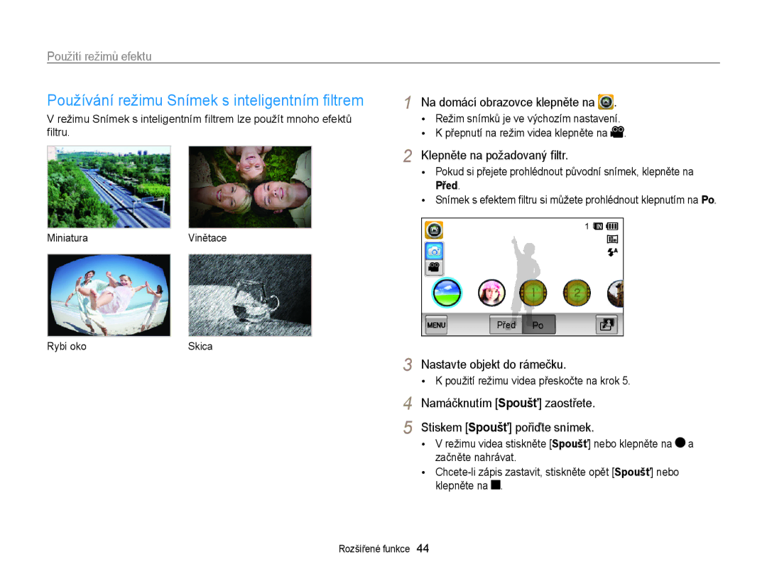 Samsung EC-WB210ZBPBE1, EC-WB210ZBPBE3 manual Používání režimu Snímek s inteligentním ﬁltrem, Klepněte na požadovaný ﬁltr 