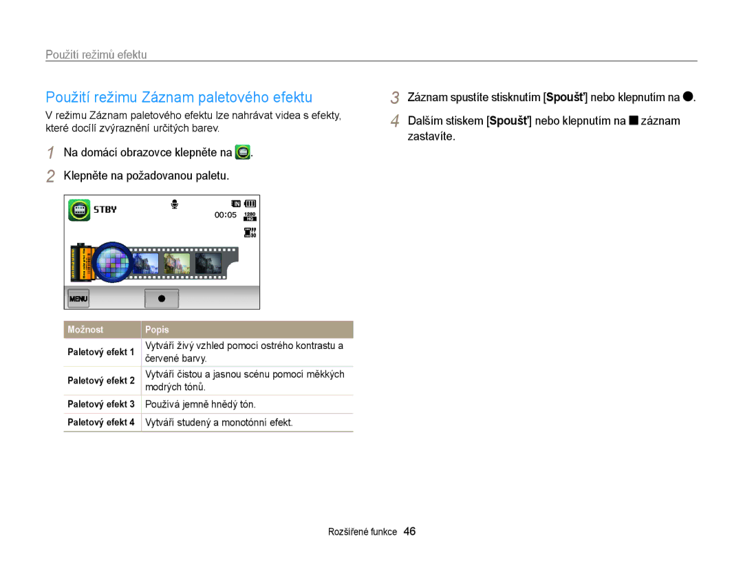 Samsung EC-WB210ZBPSE3, EC-WB210ZBPBE1, EC-WB210ZBPBE3 manual Použití režimu Záznam paletového efektu, Zastavíte 