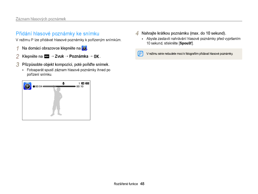 Samsung EC-WB210ZBPBE3, EC-WB210ZBPBE1, EC-WB210ZBPSE3 manual Přidání hlasové poznámky ke snímku, Záznam hlasových poznámek 