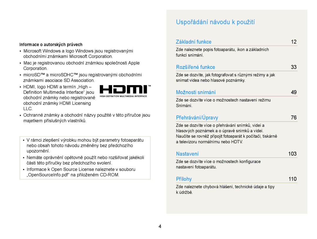 Samsung EC-WB210ZBPSE3, EC-WB210ZBPBE1, EC-WB210ZBPBE3 manual Uspořádání návodu k použití, Informace o autorských právech 