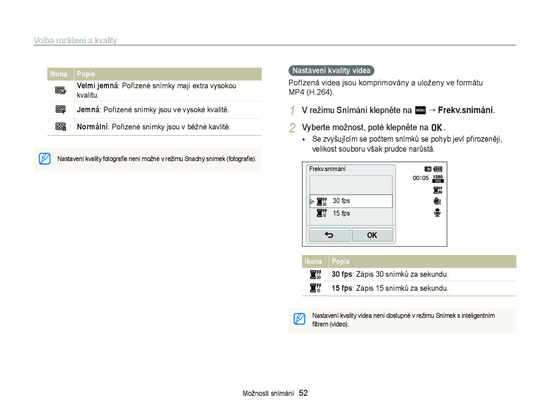 Samsung EC-WB210ZBPSE3, EC-WB210ZBPBE1, EC-WB210ZBPBE3 manual Volba rozlišení a kvality, Nastavení kvality videa 