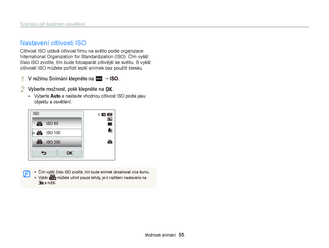 Samsung EC-WB210ZBPSE3, EC-WB210ZBPBE1, EC-WB210ZBPBE3 manual Nastavení citlivosti ISO 