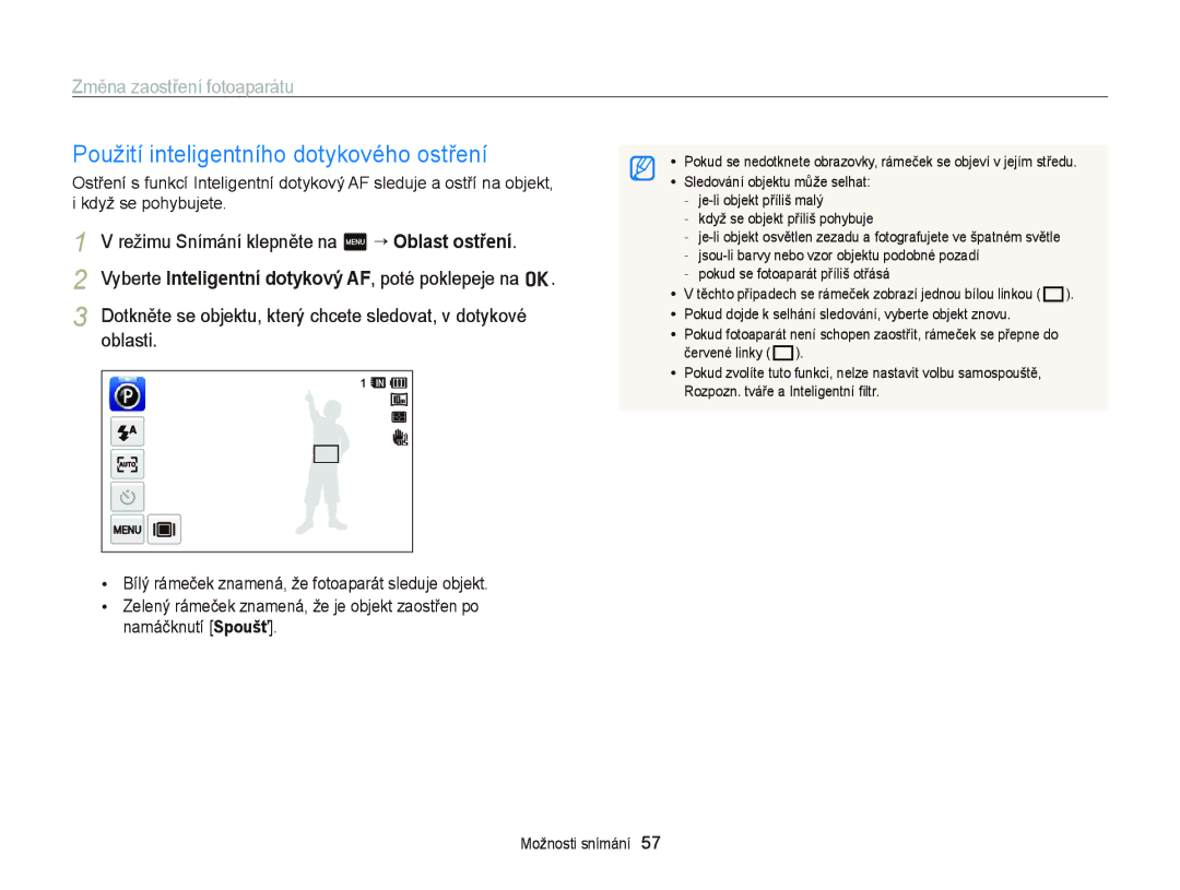 Samsung EC-WB210ZBPBE3, EC-WB210ZBPBE1 Použití inteligentního dotykového ostření, Změna zaostření fotoaparátu, Oblasti 