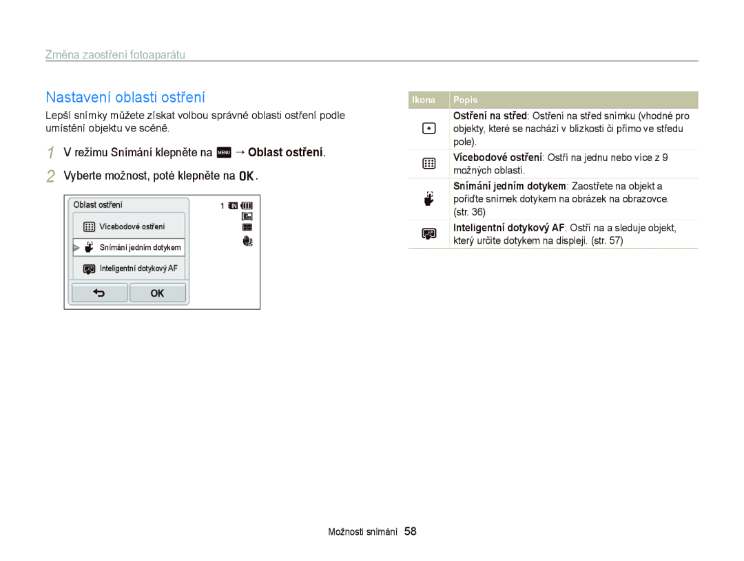 Samsung EC-WB210ZBPSE3, EC-WB210ZBPBE1 manual Nastavení oblasti ostření, Režimu Snímání klepněte na m “ Oblast ostření 