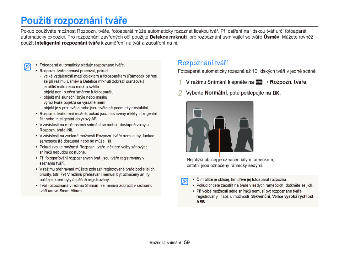 Samsung EC-WB210ZBPBE1, EC-WB210ZBPBE3, EC-WB210ZBPSE3 manual Použití rozpoznání tváře, Rozpoznání tváří 