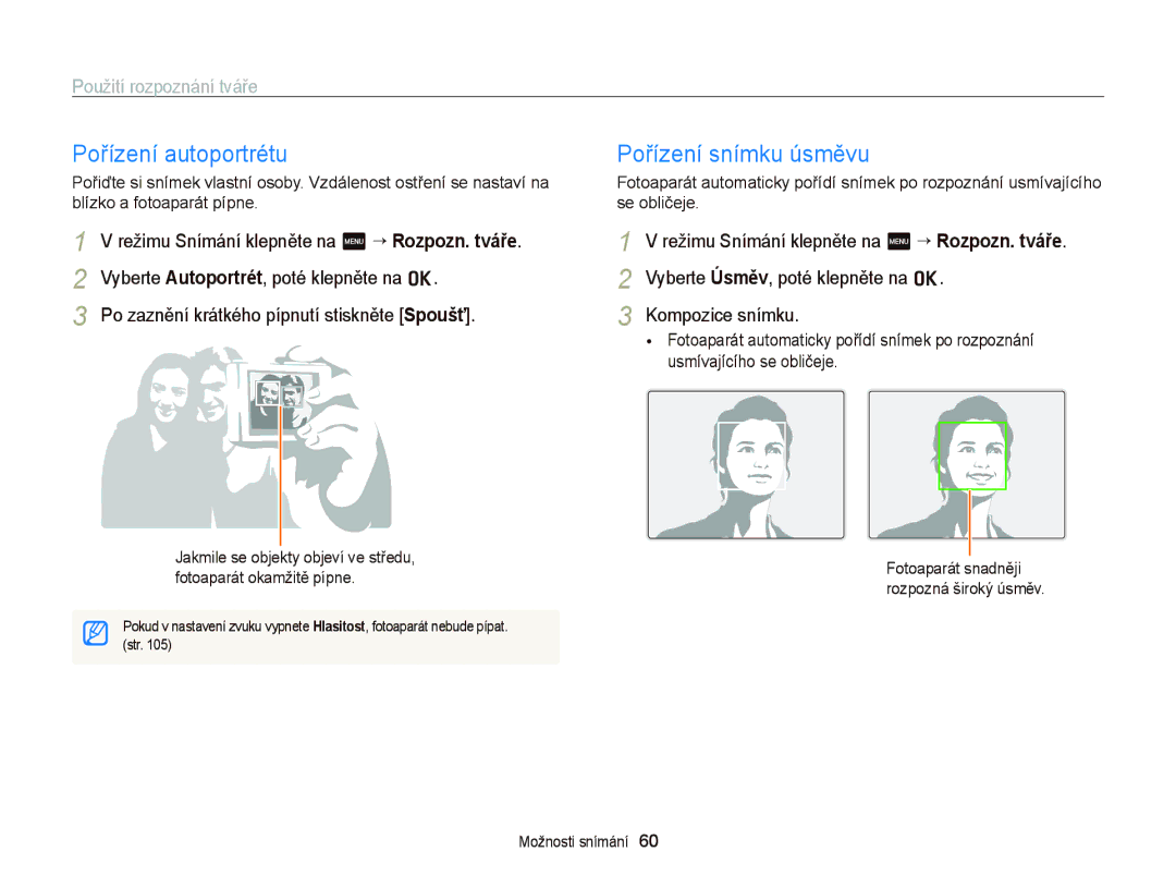 Samsung EC-WB210ZBPBE3, EC-WB210ZBPBE1 manual Pořízení autoportrétu, Pořízení snímku úsměvu, Použití rozpoznání tváře 