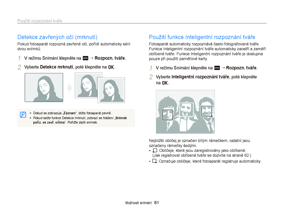 Samsung EC-WB210ZBPSE3, EC-WB210ZBPBE1 manual Detekce zavřených očí mrknutí, Použití funkce Inteligentní rozpoznání tváře 