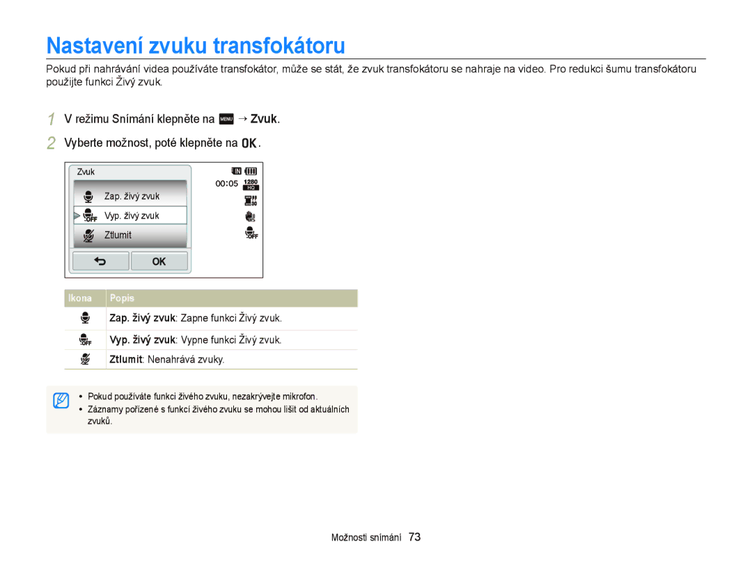 Samsung EC-WB210ZBPSE3, EC-WB210ZBPBE1, EC-WB210ZBPBE3 manual Nastavení zvuku transfokátoru 