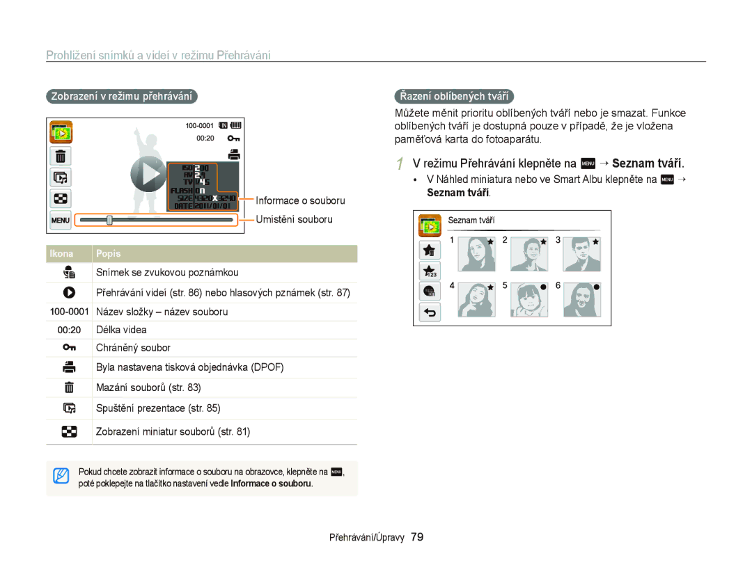 Samsung EC-WB210ZBPSE3, EC-WB210ZBPBE1 manual Režimu Přehrávání klepněte na m “ Seznam tváří, Zobrazení v režimu přehrávání 