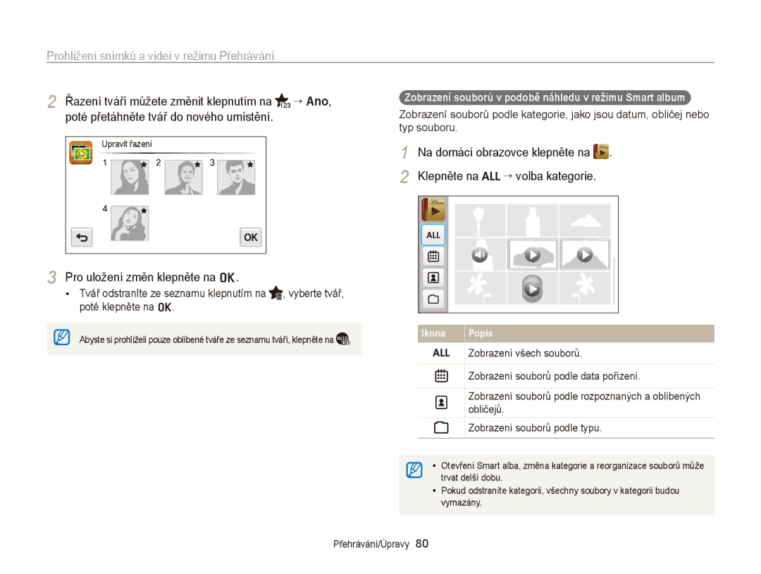 Samsung EC-WB210ZBPBE1 manual Pro uložení změn klepněte na o, Zobrazení souborů v podobě náhledu v režimu Smart album 