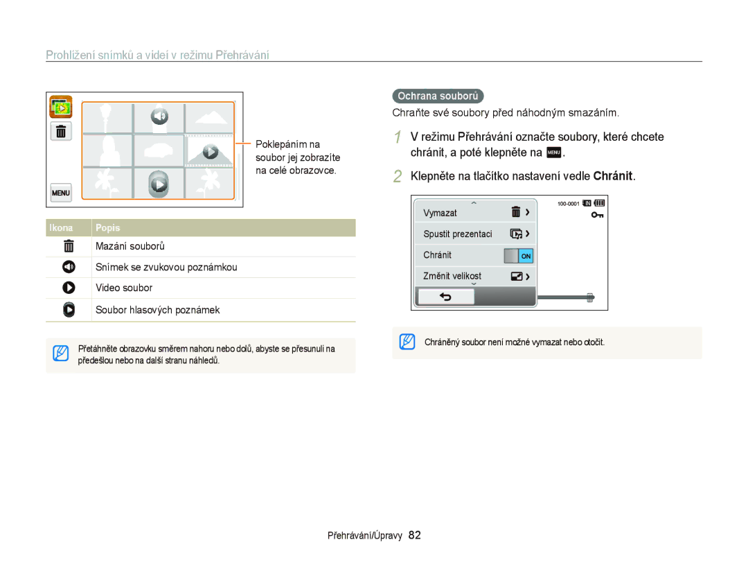 Samsung EC-WB210ZBPSE3, EC-WB210ZBPBE1 manual Poklepáním na, Ochrana souborů, Chraňte své soubory před náhodným smazáním 