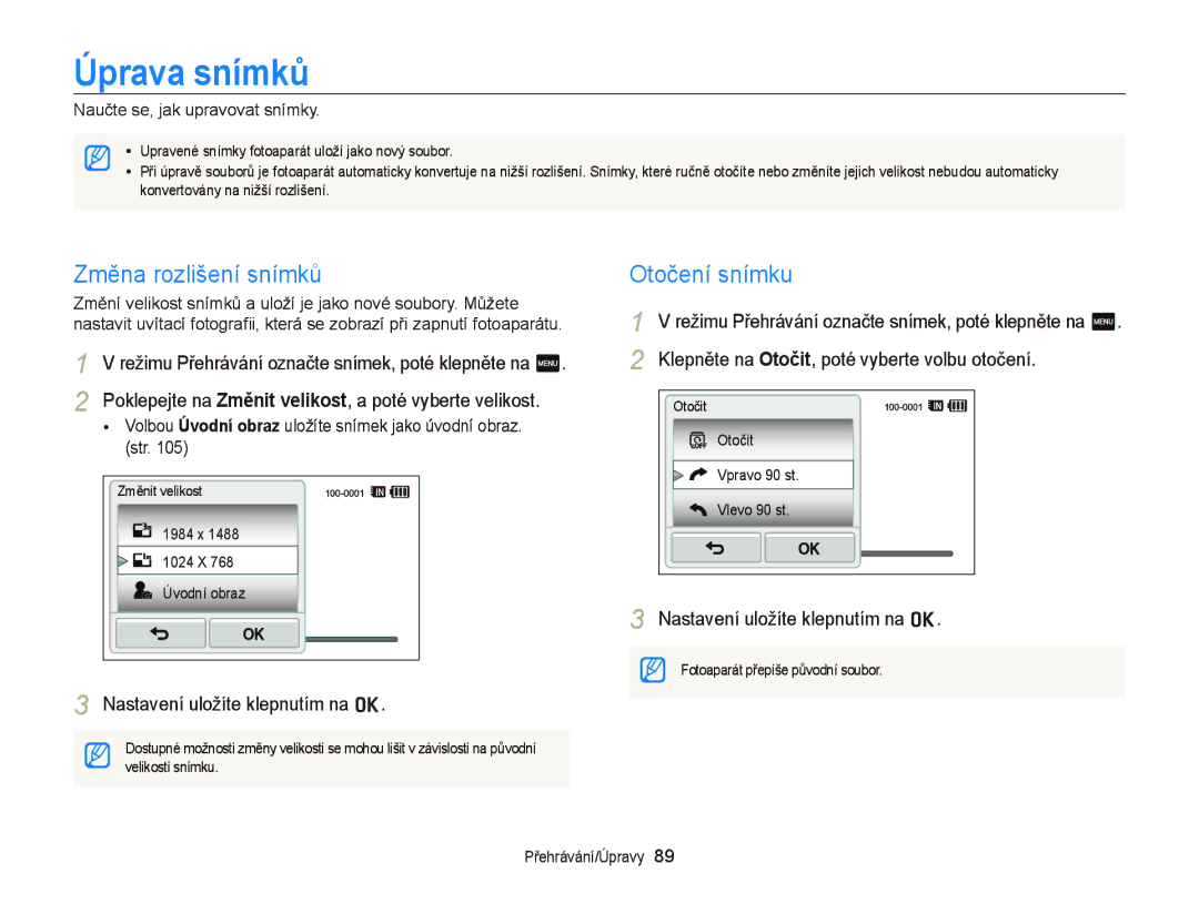 Samsung EC-WB210ZBPBE1, EC-WB210ZBPBE3, EC-WB210ZBPSE3 manual Úprava snímků, Změna rozlišení snímků, Otočení snímku 