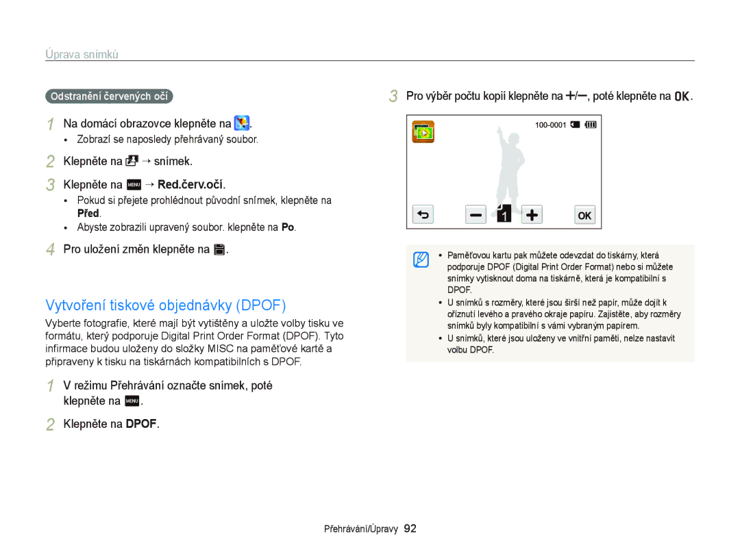 Samsung EC-WB210ZBPBE1, EC-WB210ZBPBE3, EC-WB210ZBPSE3 manual Vytvoření tiskové objednávky Dpof, Odstranění červených očí 