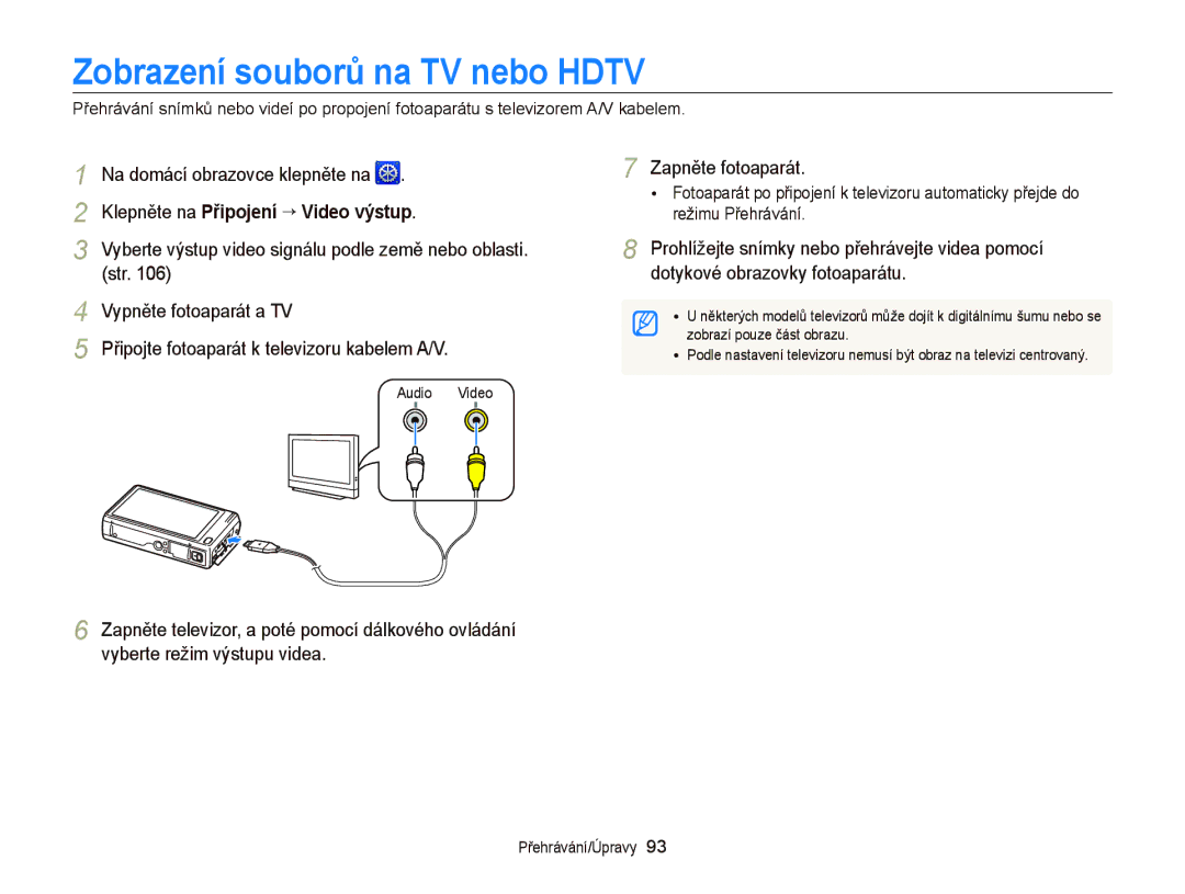 Samsung EC-WB210ZBPBE3, EC-WB210ZBPBE1 Zobrazení souborů na TV nebo Hdtv, Str, Vypněte fotoaparát a TV, Zapněte fotoaparát 