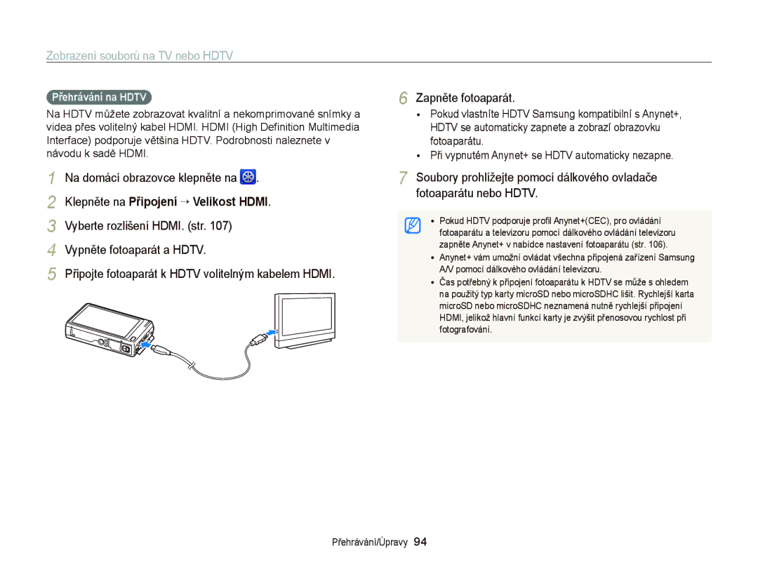 Samsung EC-WB210ZBPSE3 manual Zobrazení souborů na TV nebo Hdtv, Vyberte rozlišení HDMI. str, Vypněte fotoaparát a Hdtv 