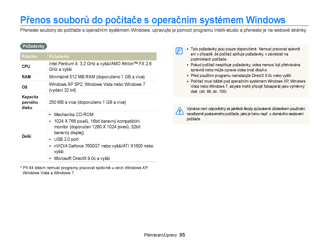 Samsung EC-WB210ZBPBE1, EC-WB210ZBPBE3, EC-WB210ZBPSE3 Přenos souborů do počítače s operačním systémem Windows, Požadavky 