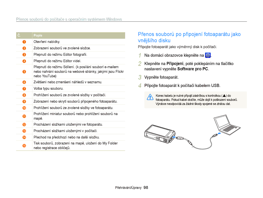 Samsung EC-WB210ZBPBE1 Přenos souborů po připojení fotoaparátu jako vnějšího disku, Nastavení vypněte Software pro PC 