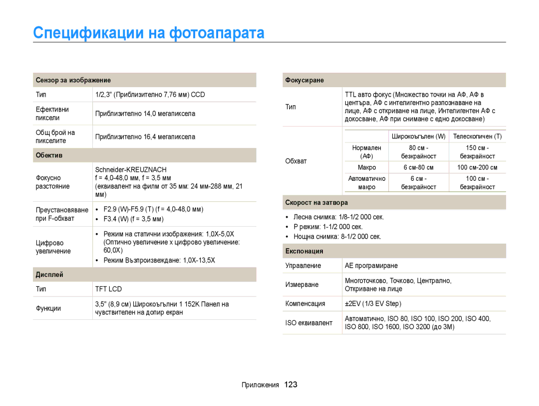 Samsung EC-WB210ZBPBE3, EC-WB210ZBPSE3 manual Спецификации на фотоапарата 