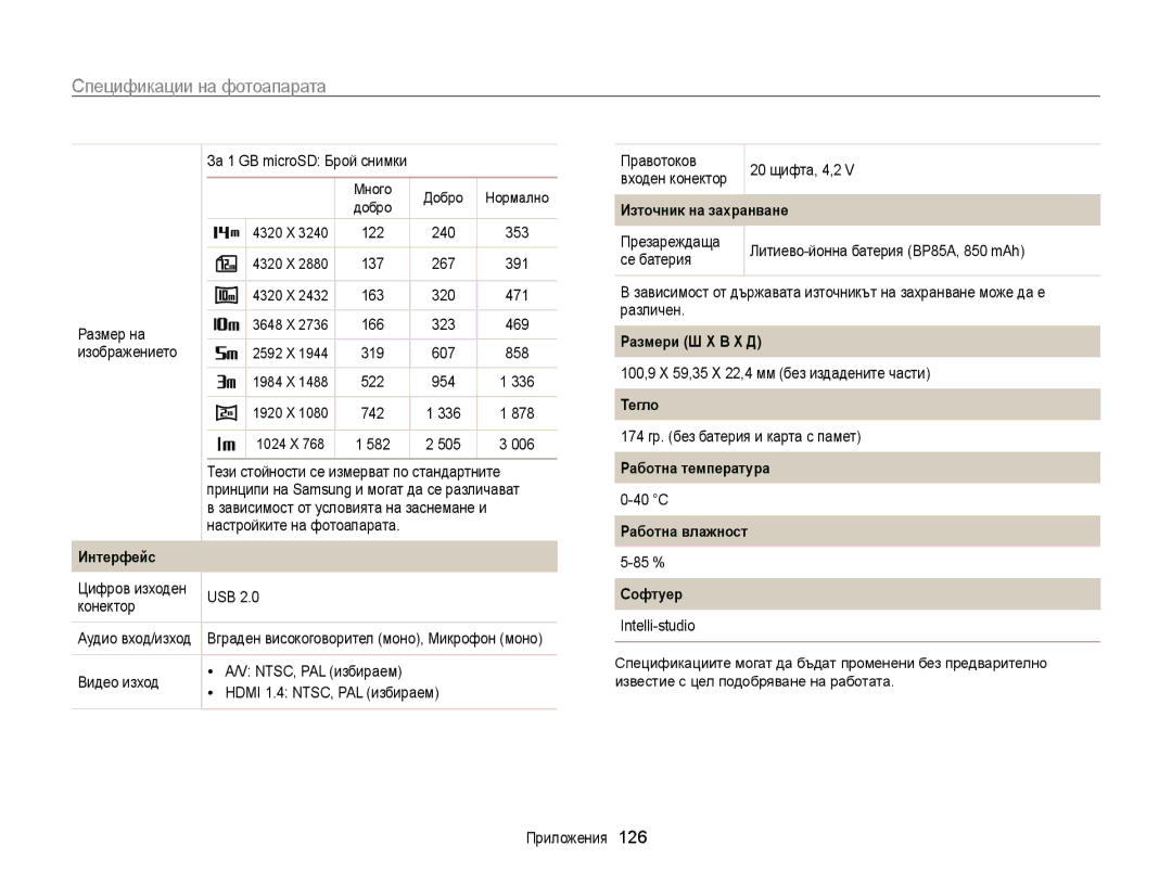 Samsung EC-WB210ZBPSE3 Източник на захранване, Размери Ш X В X Д, Тегло, Работна температура, Работна влажност Интерфейс 