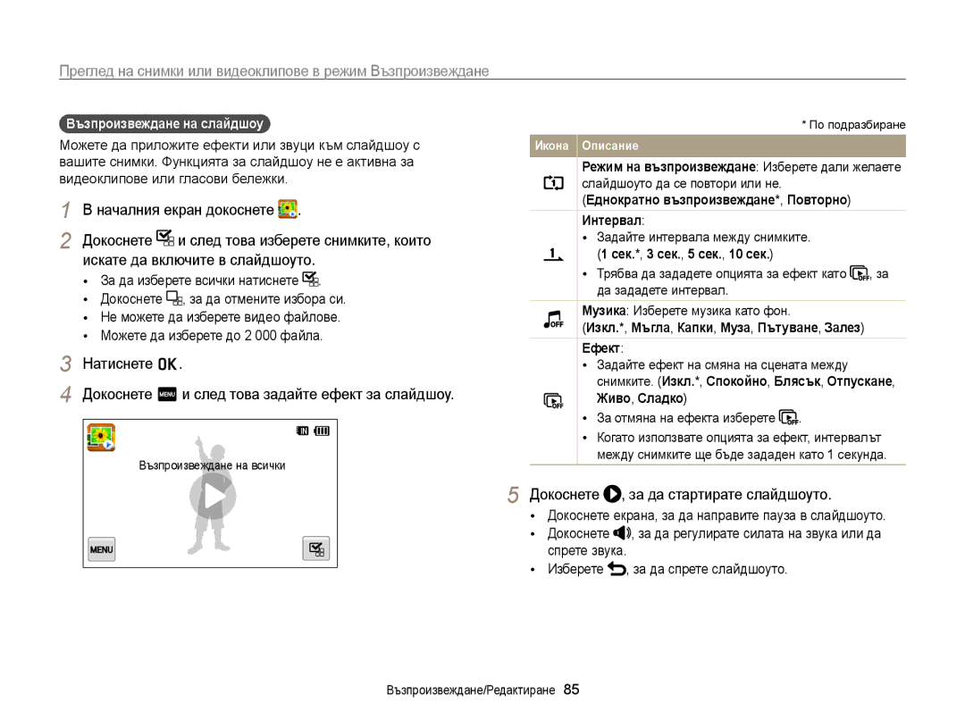 Samsung EC-WB210ZBPBE3, EC-WB210ZBPSE3 manual Искате да включите в слайдшоуто, Докоснете , за да стартирате слайдшоуто 