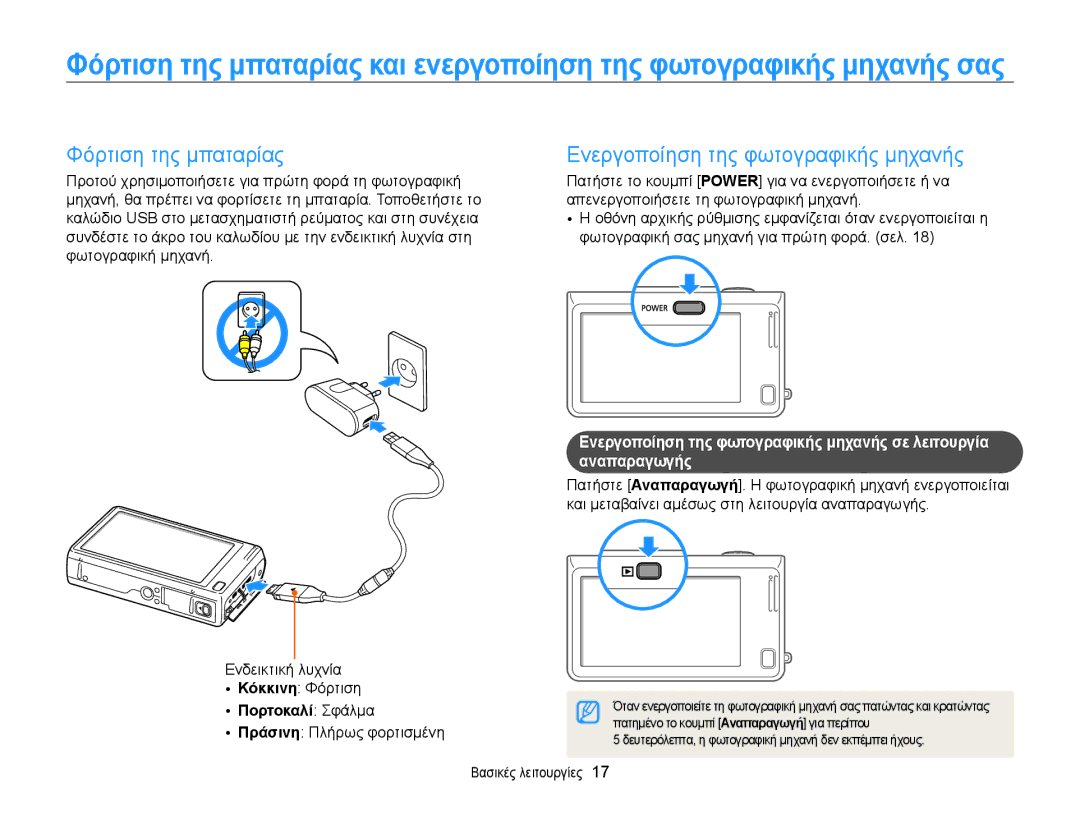 Samsung EC-WB210ZBPBE3 Φόρτιση της μπαταρίας, Ενεργοποίηση της φωτογραφικής μηχανής, Ενδεικτική λυχνία ȀȩκκȚȞη Φόρτιση 