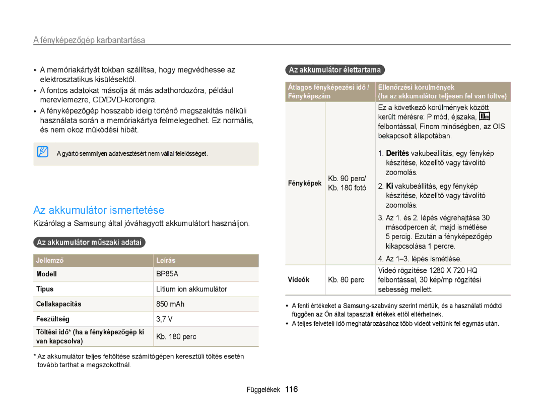 Samsung EC-WB210ZBPSE3 manual Az akkumulátor ismertetése, Az akkumulátor műszaki adatai, Az akkumulátor élettartama 