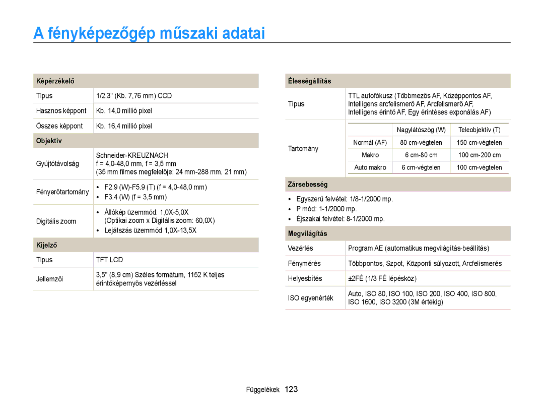 Samsung EC-WB210ZBPSE2, EC-WB210ZBPRE1, EC-WB210ZBPBE1, EC-WB210ZBPBE3 manual Fényképezőgép műszaki adatai, Képérzékelő 