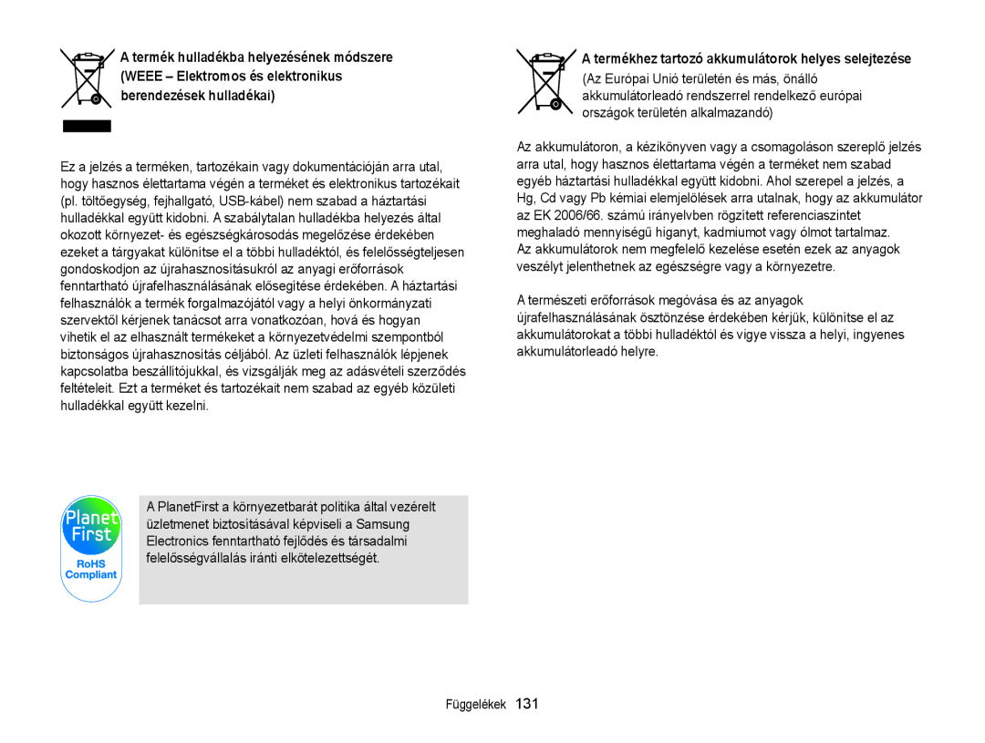 Samsung EC-WB210ZBPRE1, EC-WB210ZBPBE1, EC-WB210ZBPBE3, EC-WB210ZBPSE3 Termékhez tartozó akkumulátorok helyes selejtezése 