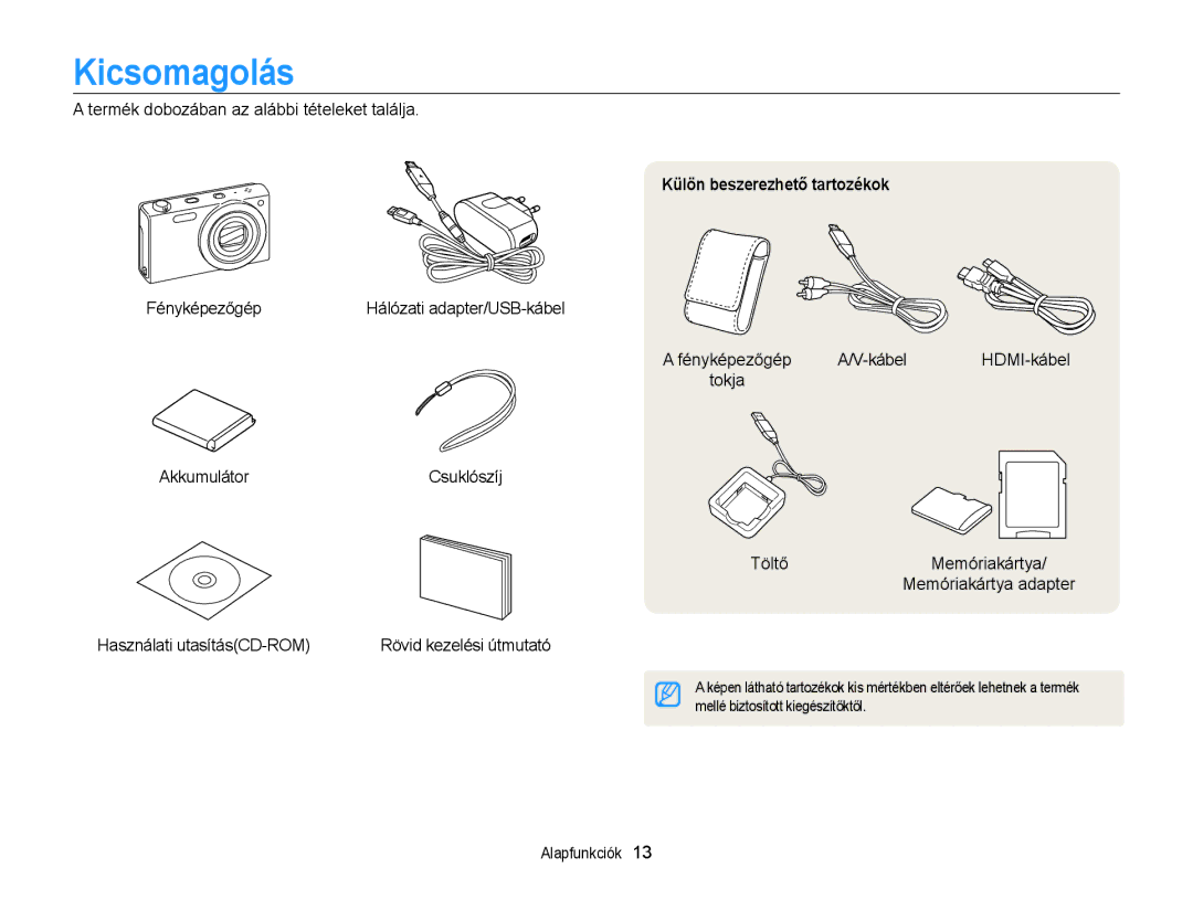 Samsung EC-WB210ZBPBE3, EC-WB210ZBPRE1, EC-WB210ZBPBE1, EC-WB210ZBPSE3 manual Kicsomagolás, Külön beszerezhető tartozékok 