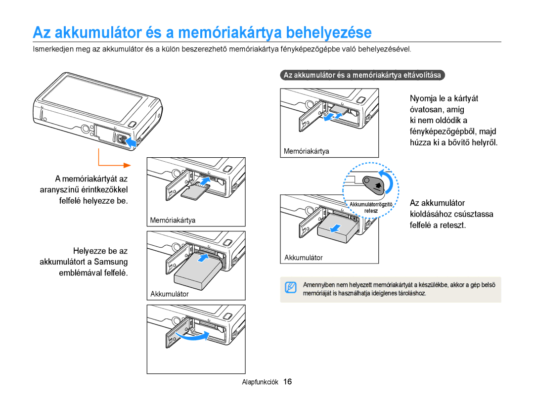 Samsung EC-WB210ZBPBE2, EC-WB210ZBPRE1 manual Az akkumulátor és a memóriakártya behelyezése, Felfelé a reteszt, Akkumulátor 