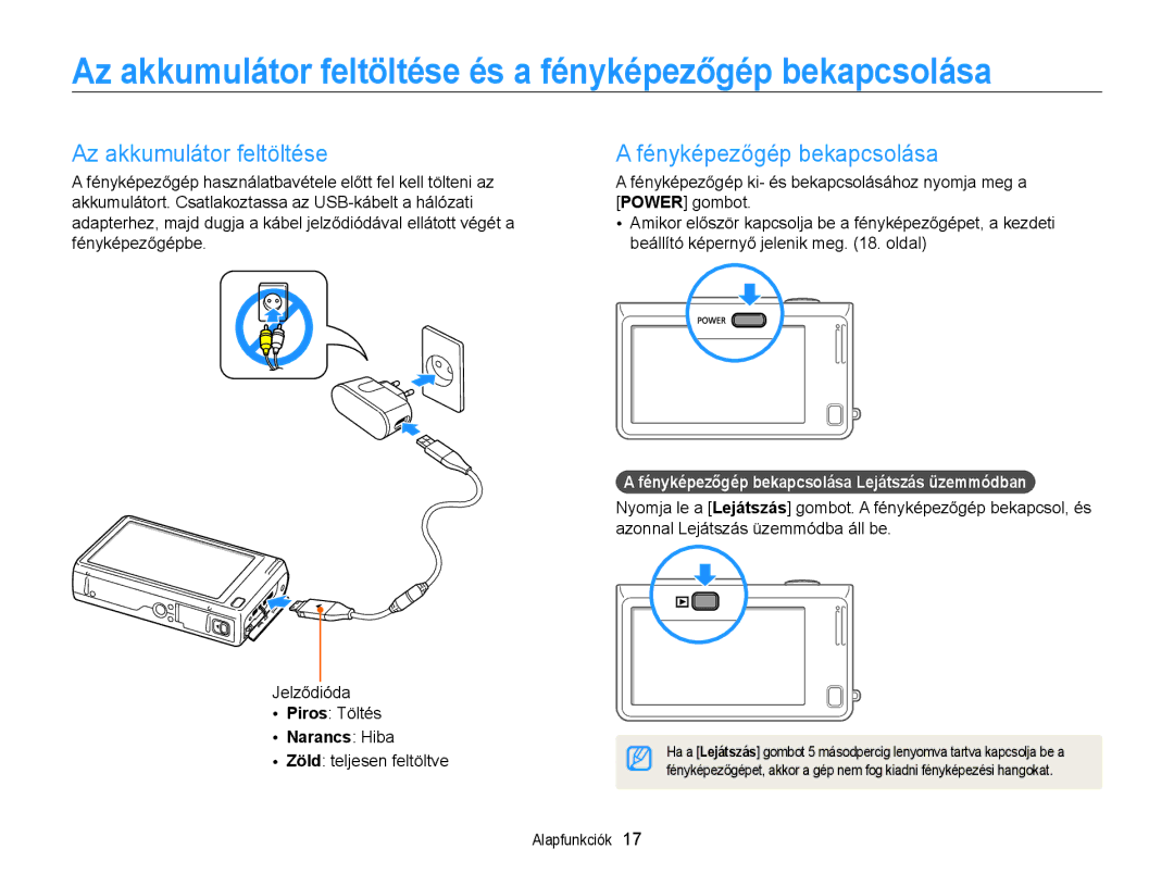 Samsung EC-WB210ZBPRE1 Az akkumulátor feltöltése és a fényképezőgép bekapcsolása, Fényképezőgép bekapcsolása, Narancs Hiba 