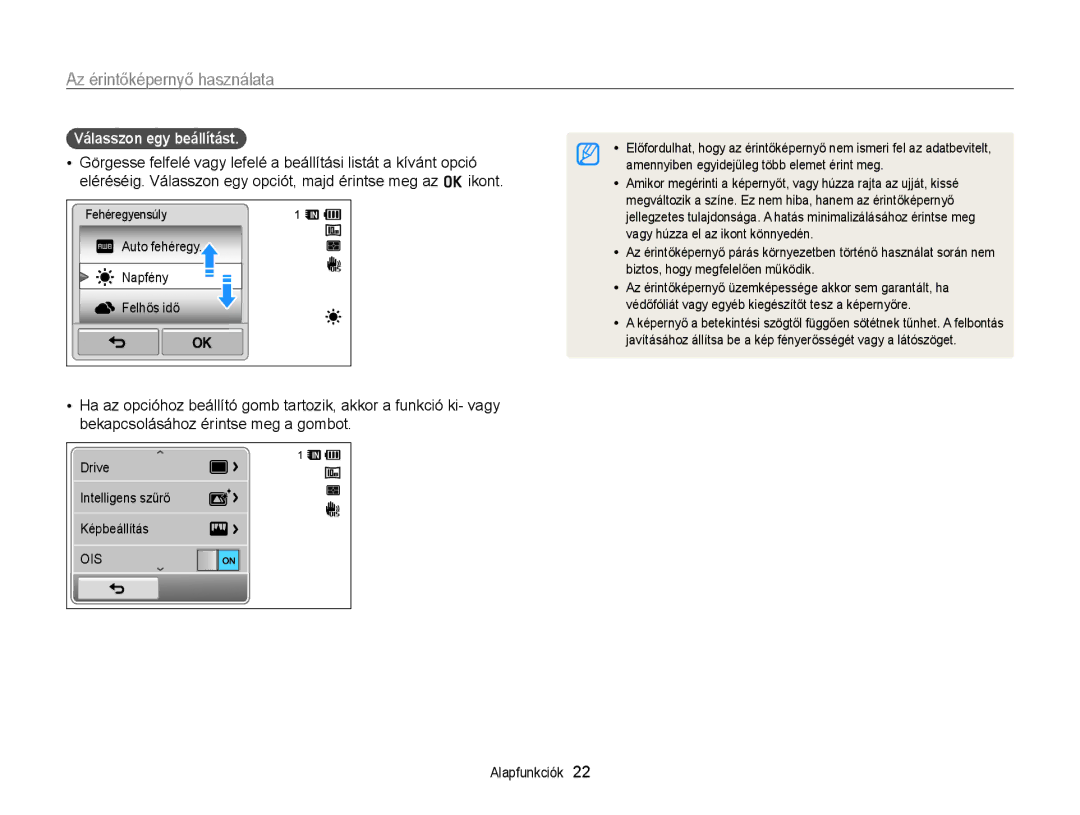 Samsung EC-WB210ZBPBE2, EC-WB210ZBPRE1, EC-WB210ZBPBE1 manual Az érintőképernyő használata, Válasszon egy beállítást 