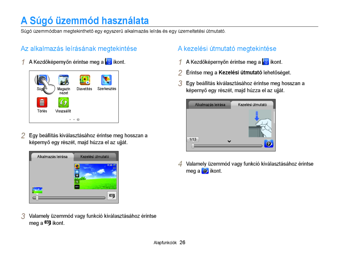 Samsung EC-WB210ZBPSE3 Súgó üzemmód használata, Az alkalmazás leírásának megtekintése, Kezelési útmutató megtekintése 