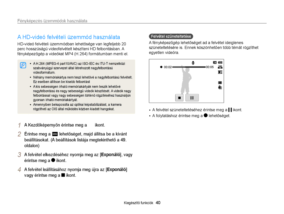 Samsung EC-WB210ZBPBE2 manual HD-videó felvételi üzemmód használata, Oldalon, Érintse meg a ikont, Vagy érintse meg a ikont 