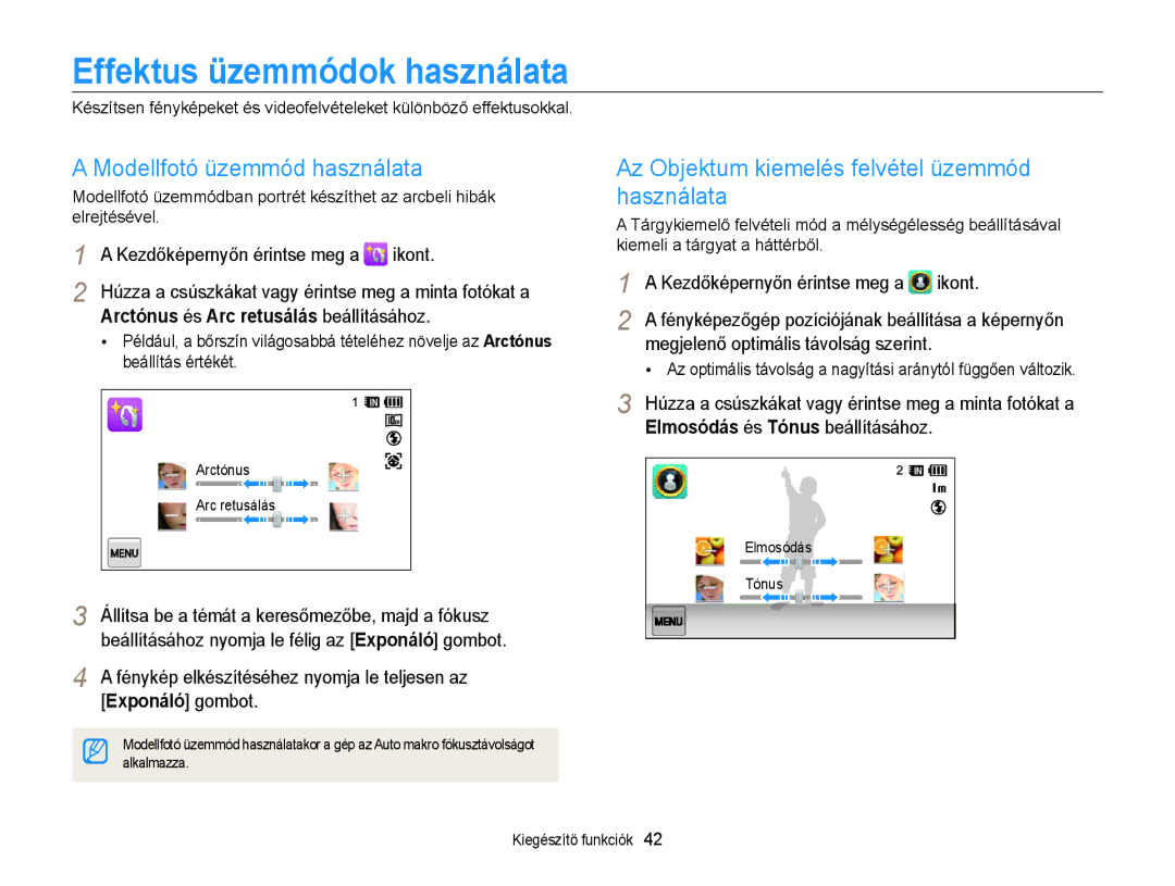 Samsung EC-WB210ZBPBE1, EC-WB210ZBPRE1, EC-WB210ZBPBE3 manual Effektus üzemmódok használata, Modellfotó üzemmód használata 