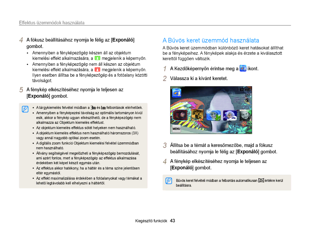 Samsung EC-WB210ZBPBE3, EC-WB210ZBPRE1, EC-WB210ZBPBE1 manual Bűvös keret üzemmód használata, Effektus üzemmódok használata 