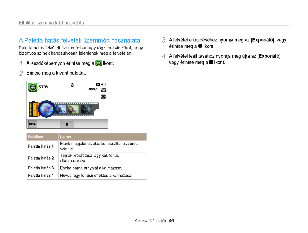 Samsung EC-WB210ZBPBE2 manual Paletta hatás felvételi üzemmód használata, Színnel, Témák letisztítása lágy kék tónus 