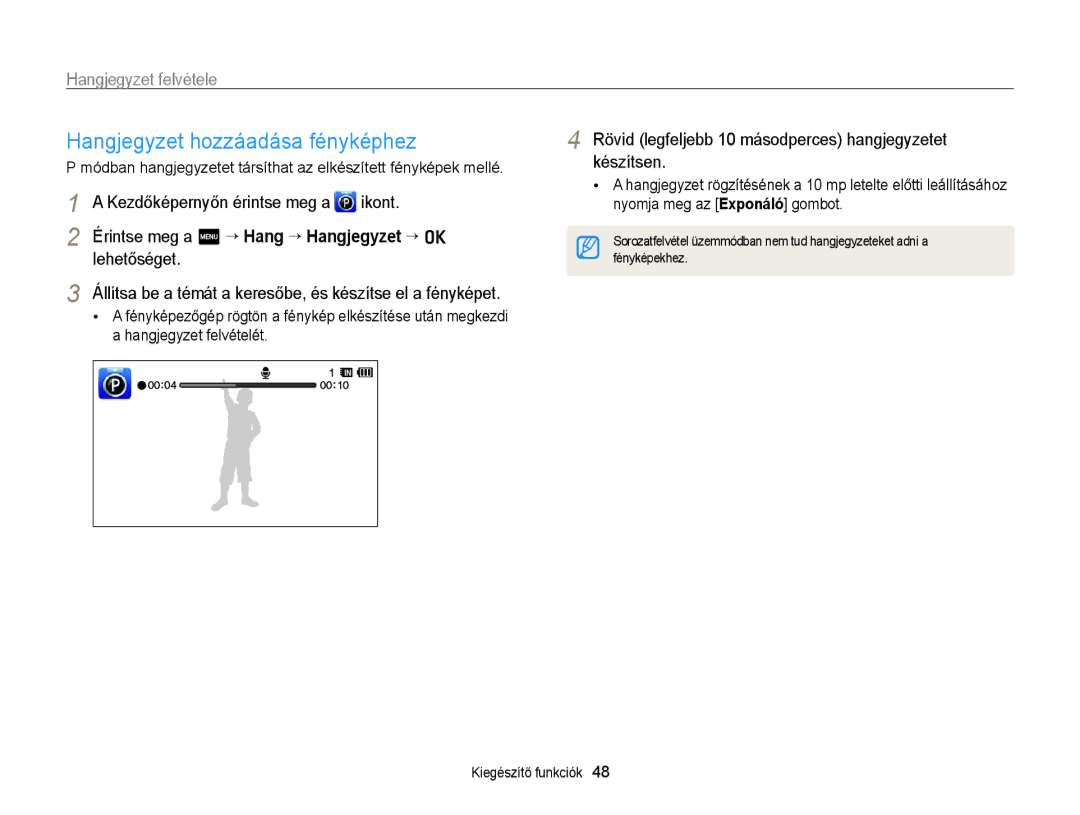 Samsung EC-WB210ZBPBE1 Hangjegyzet hozzáadása fényképhez, Hangjegyzet felvétele, Érintse meg a m “ Hang ““Hangjegyzet ““o 