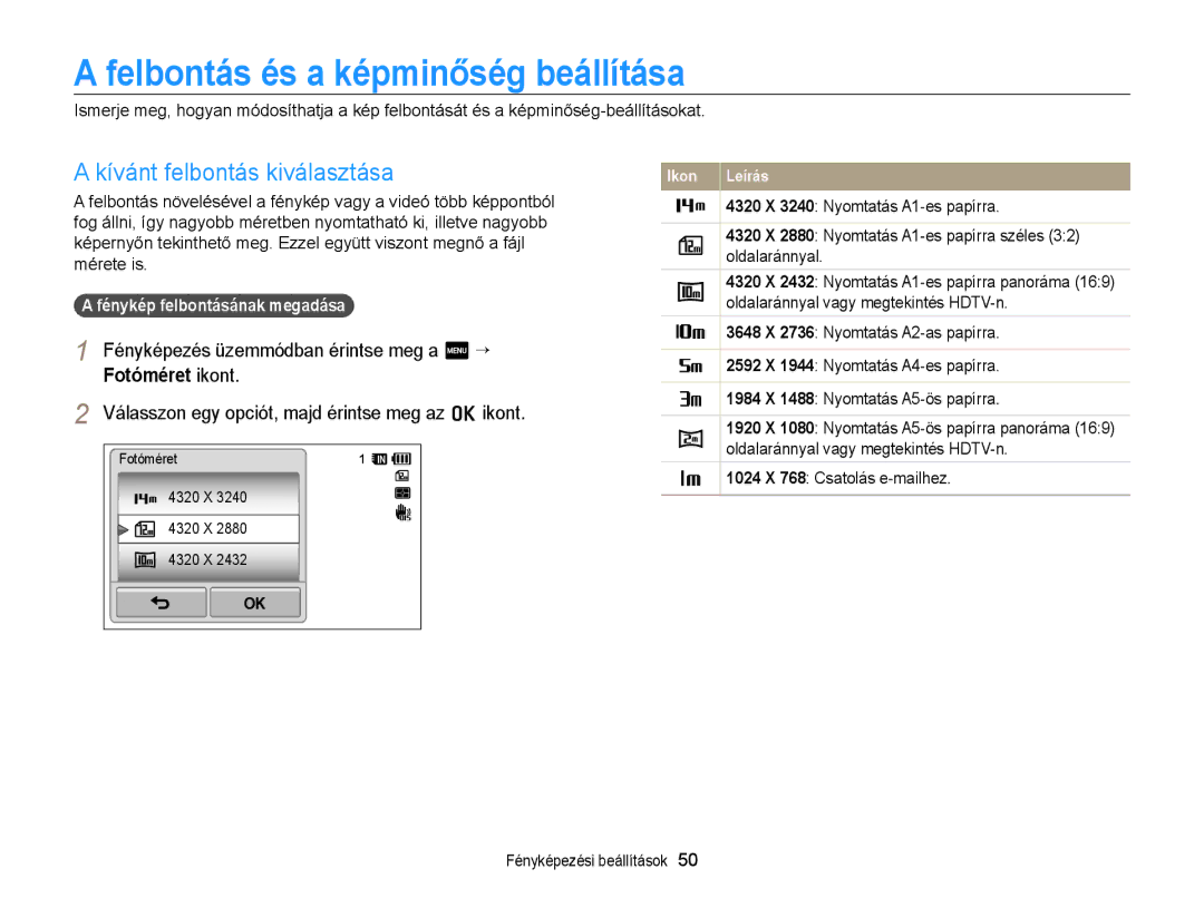 Samsung EC-WB210ZBPSE3 manual Felbontás és a képminőség beállítása, Kívánt felbontás kiválasztása, Fotóméret ikont 