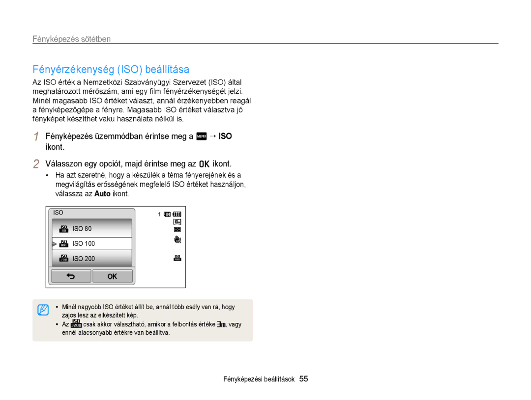 Samsung EC-WB210ZBPBE3, EC-WB210ZBPRE1, EC-WB210ZBPBE1, EC-WB210ZBPSE3, EC-WB210ZBPSE2 manual Fényérzékenység ISO beállítása 